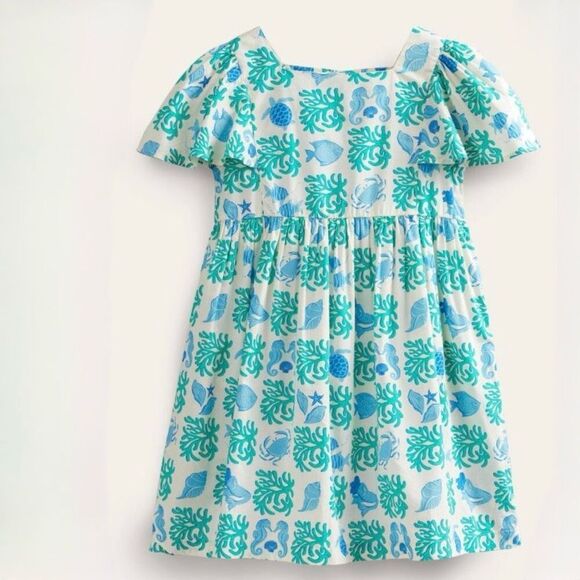 Boden Aqua Lagoon 6-7 Girls Boden Flutter-Sleeve Printed Dress NEW - Picture 1 of 7